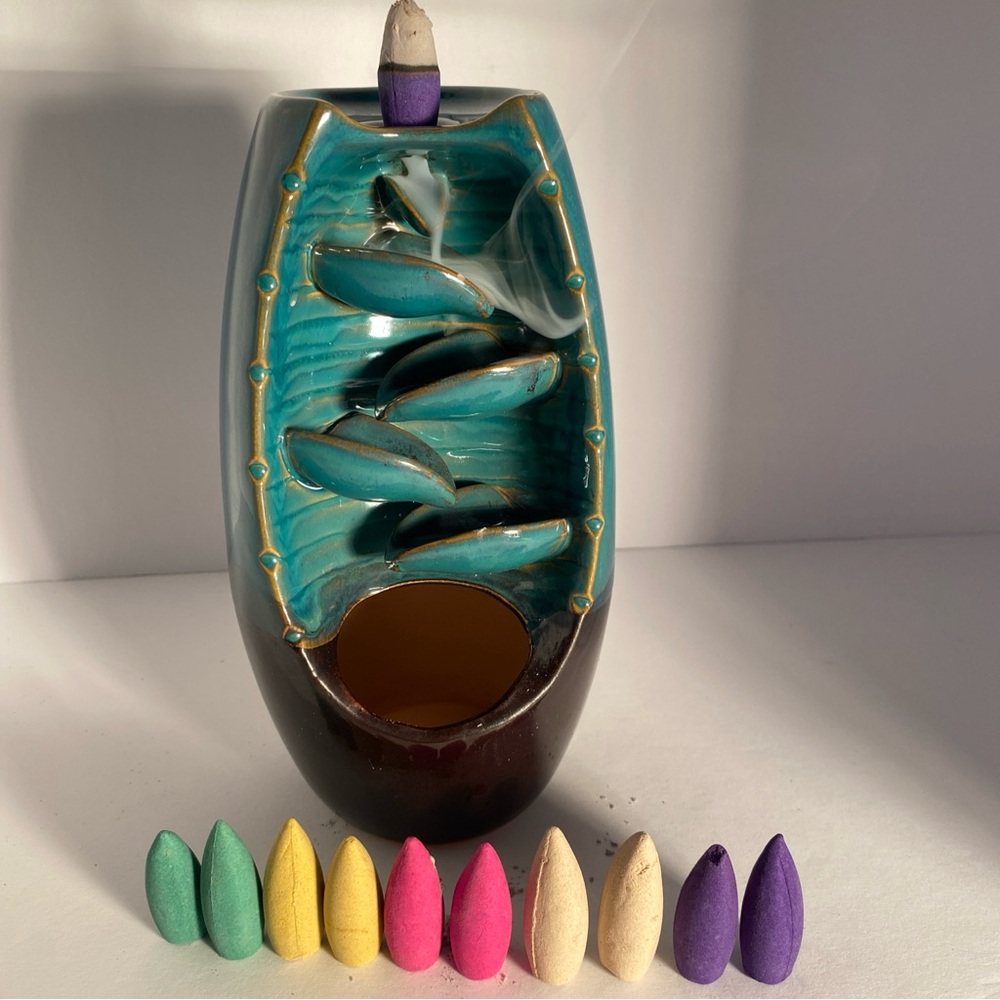 Waterfall Incense Burner Backflow Incense Seat Pottery Blue 10 Cones Includes